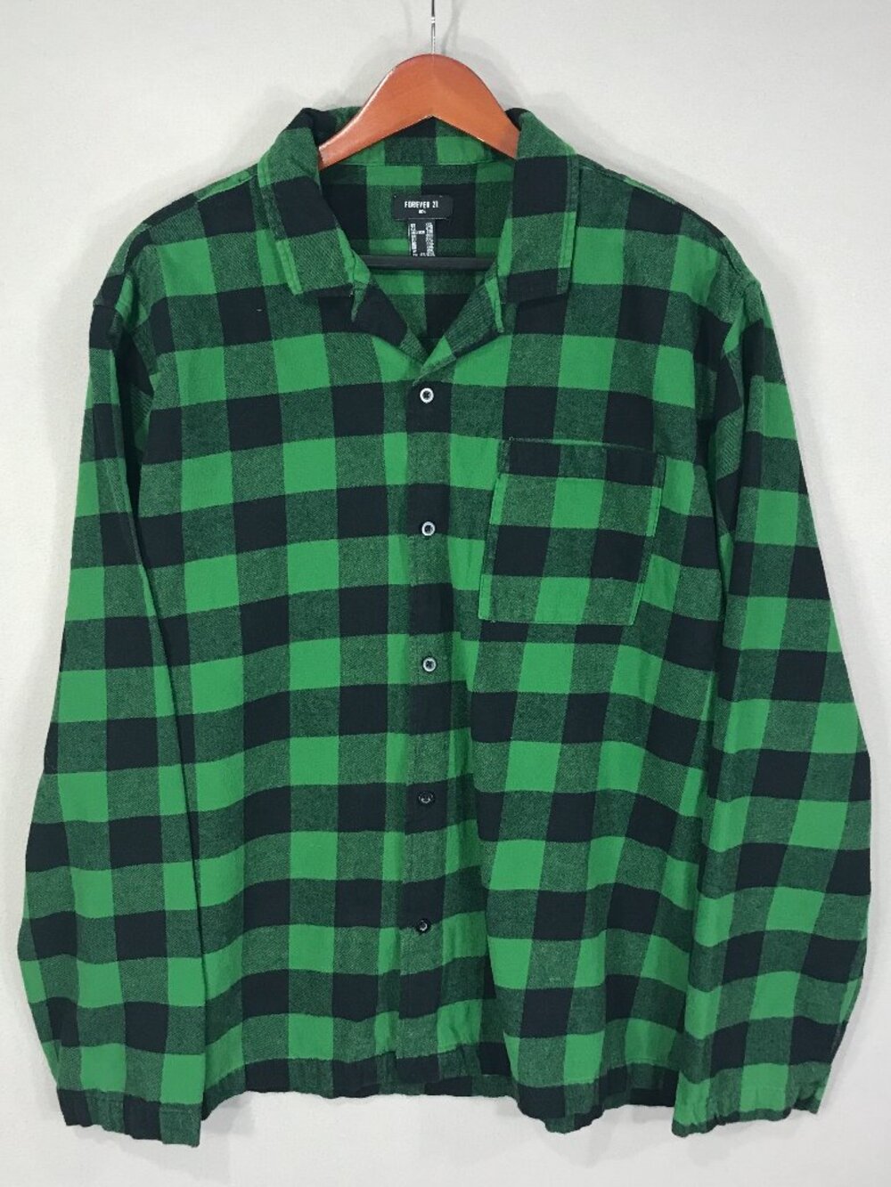 Forever 21 Shirt Men's 2XL Green Check Flannel Button Down Long Sleeve Lounge